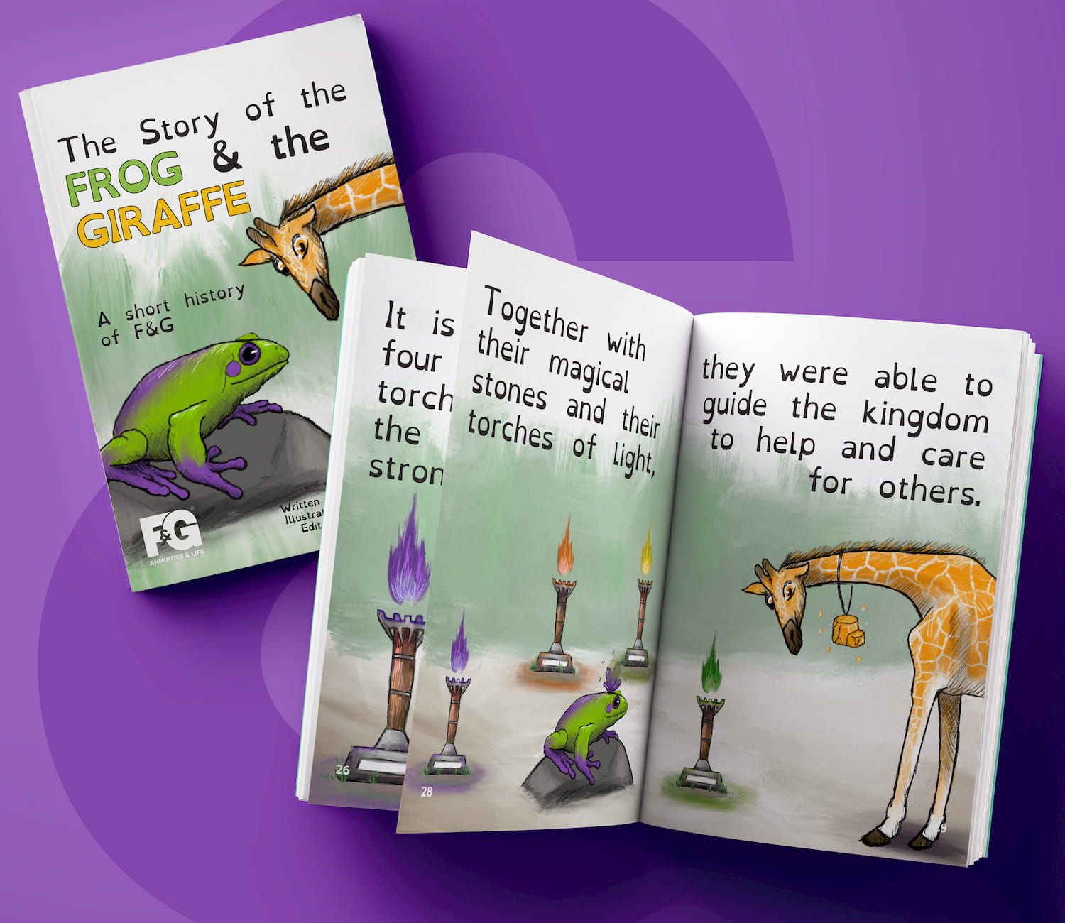 Interior spread from The Story of the Frog and the Giraffe — left page shows a bright green frog on a rock surrounded by four colored torches, right page shows a giraffe holding a golden basket