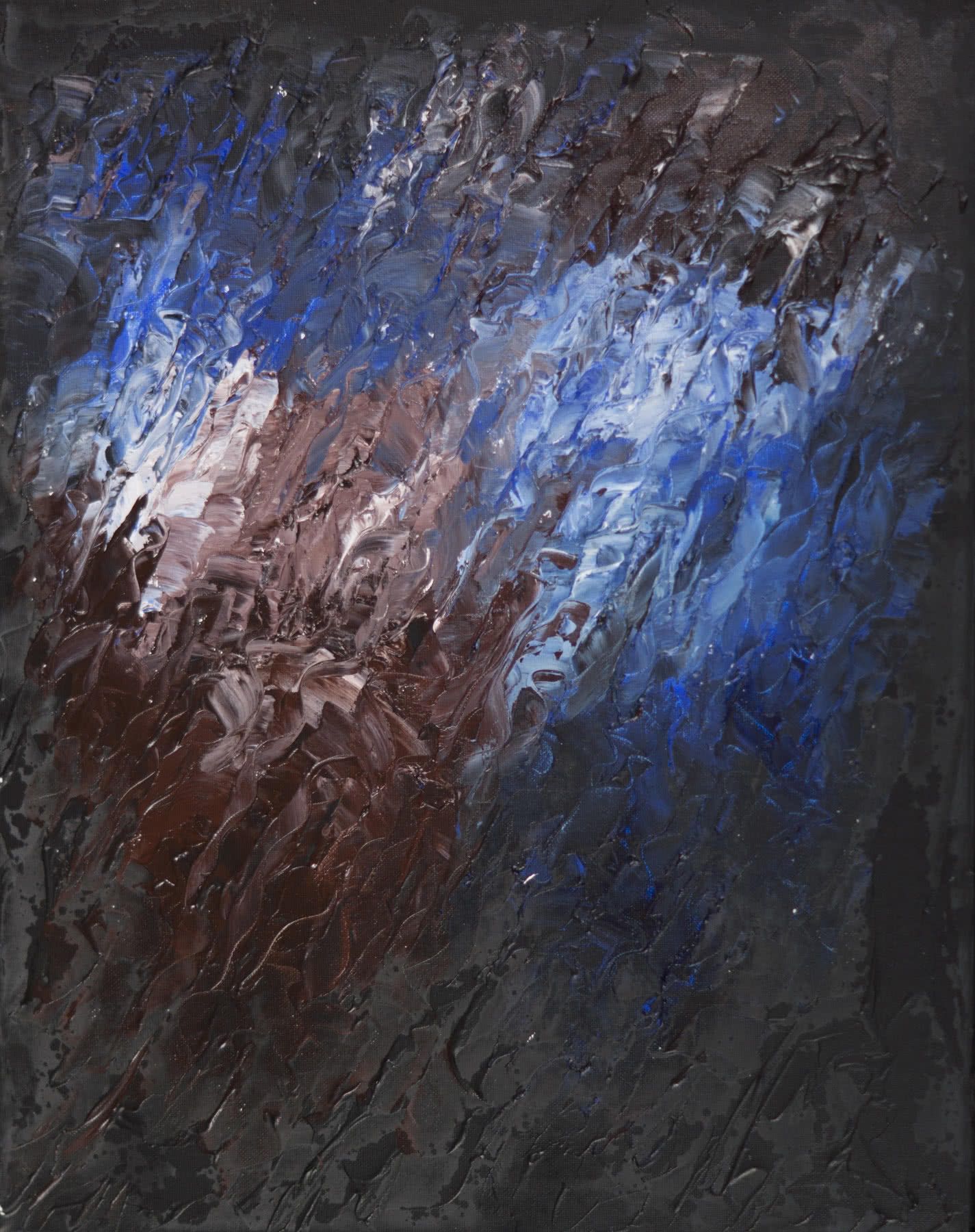 Abstract painting, thick palette-knife strokes on a dark ground: a diagonal sweep of cobalt blue and dusty mauve.