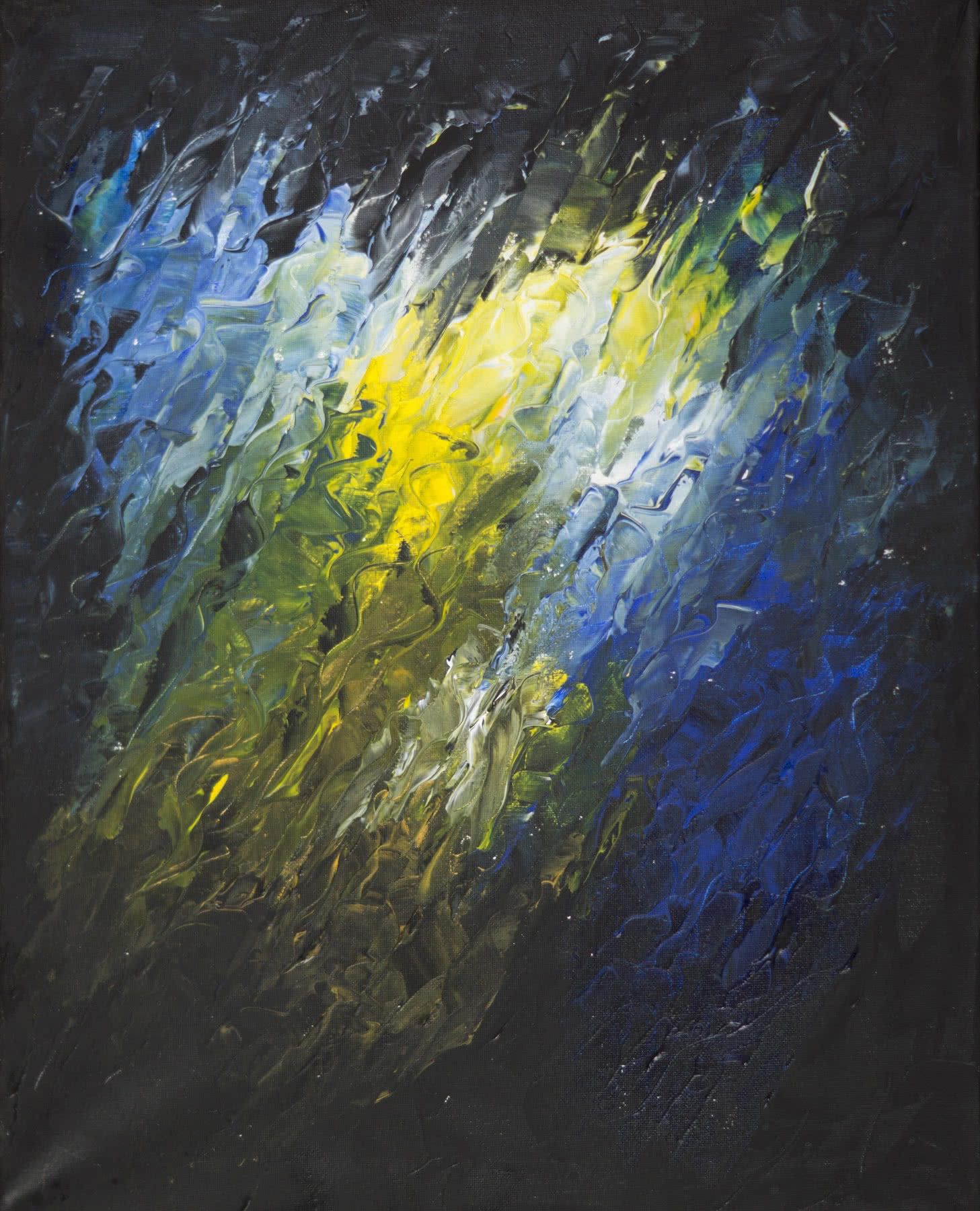 Abstract painting, thick palette-knife strokes on a dark ground: a diagonal burst of bright yellow fading through pale blue into deep cobalt.