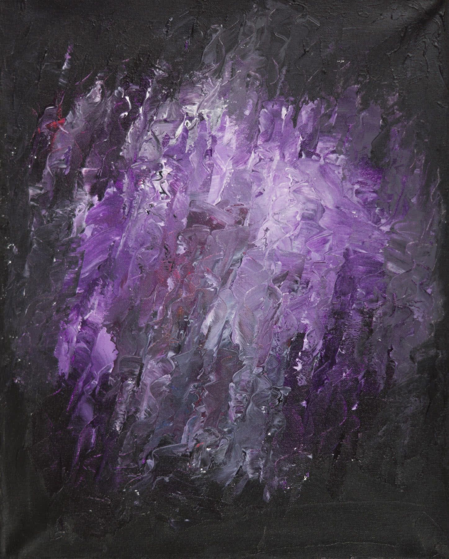 Abstract painting, thick palette-knife strokes on a dark ground: a cloud of violet and lilac flecked with white.