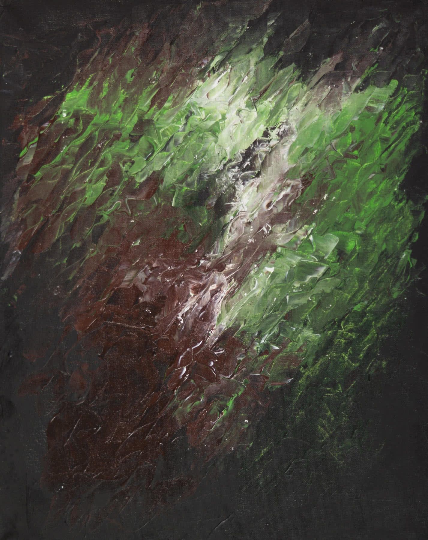 Abstract painting, thick palette-knife strokes on a dark ground: bright green and white over deep maroon.