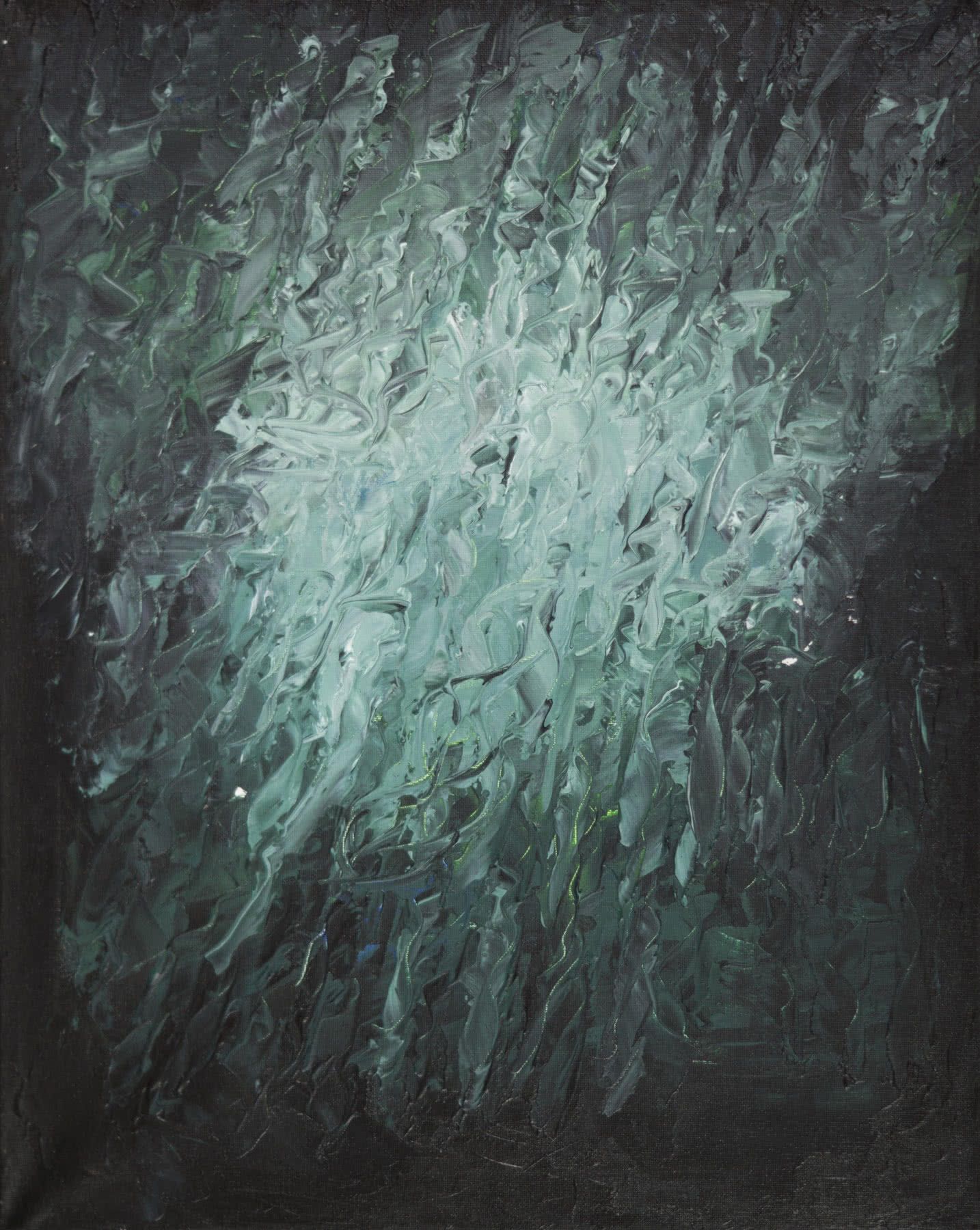 Abstract painting, thick palette-knife strokes on a dark ground: a misty glow of pale sea green fading to near black.