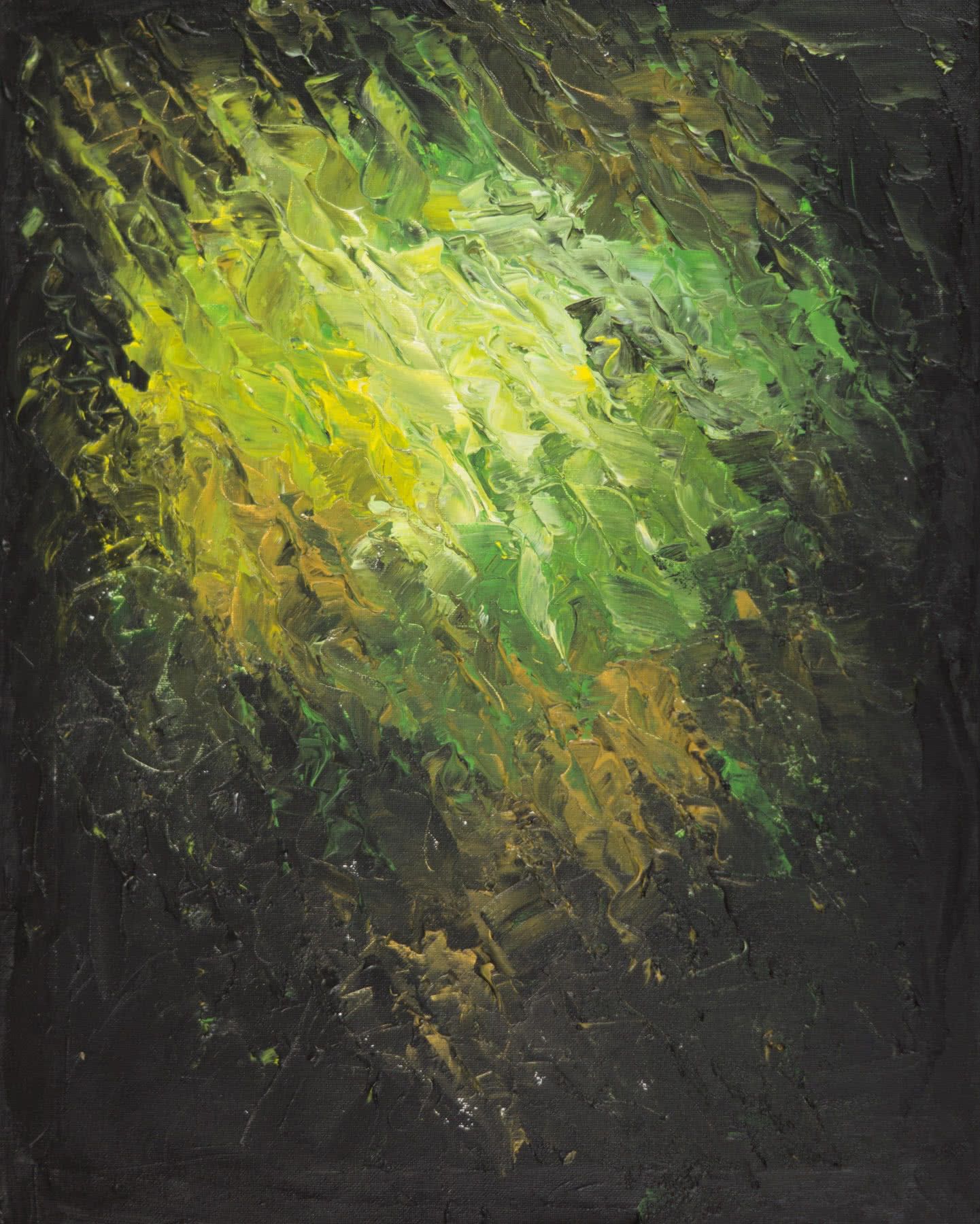 Abstract painting, thick palette-knife strokes on a dark ground: a glow of yellow and lime green edged with ochre.