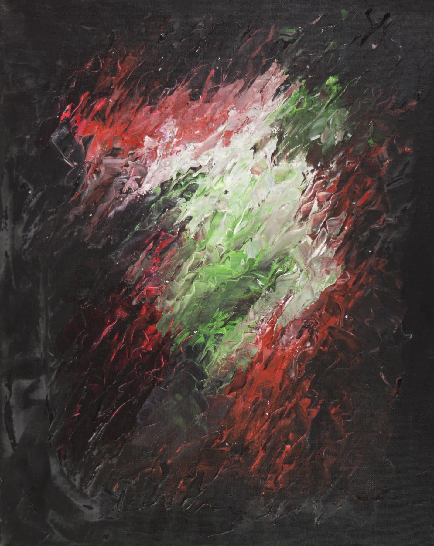 Abstract painting, thick palette-knife strokes on a dark ground: a crimson burst around a streak of bright green and white.