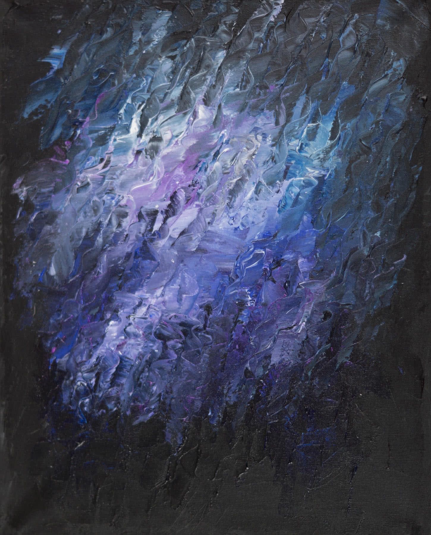 Abstract painting, thick palette-knife strokes on a dark ground: a haze of violet, periwinkle, and icy blue.