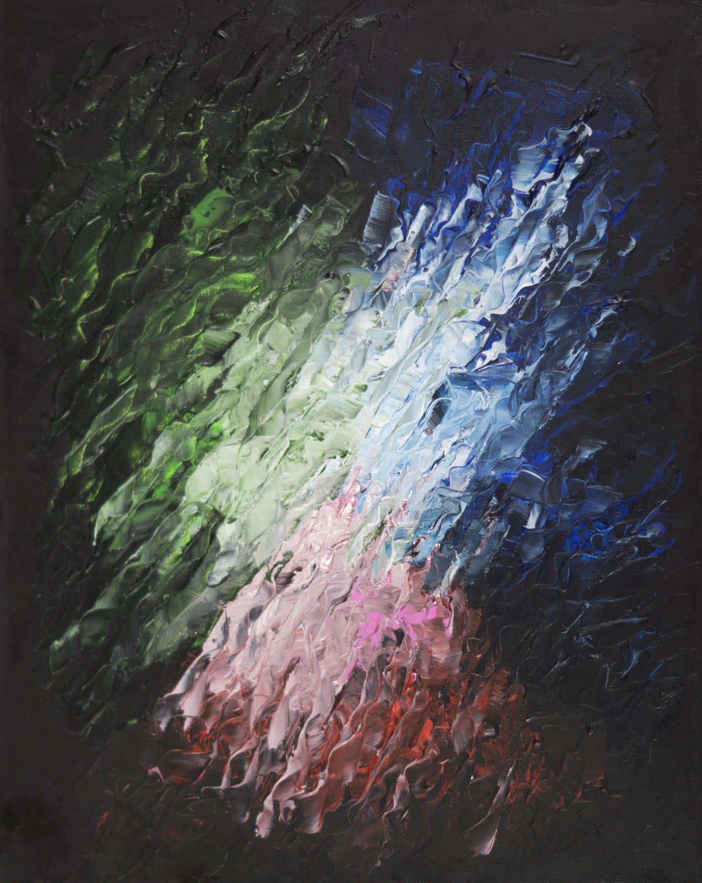Abstract painting, thick palette-knife strokes on a dark ground: green, pale blue, deep blue, and pink fading to red, fanning out from the center.