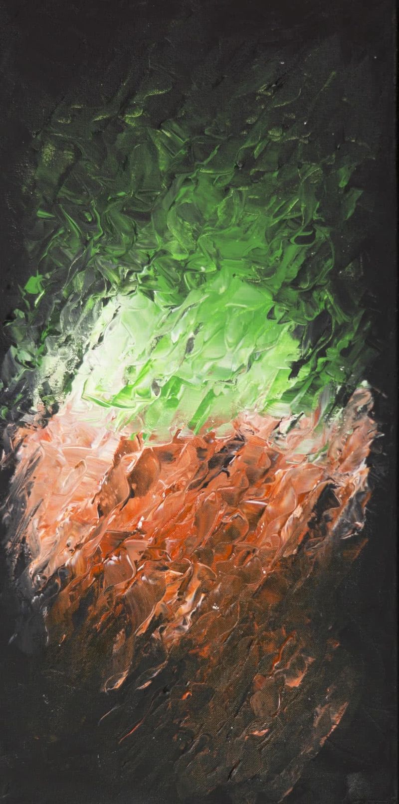 Abstract painting on a tall, narrow canvas, thick palette-knife strokes on a dark ground: a bright green crown over a band of burnt orange.