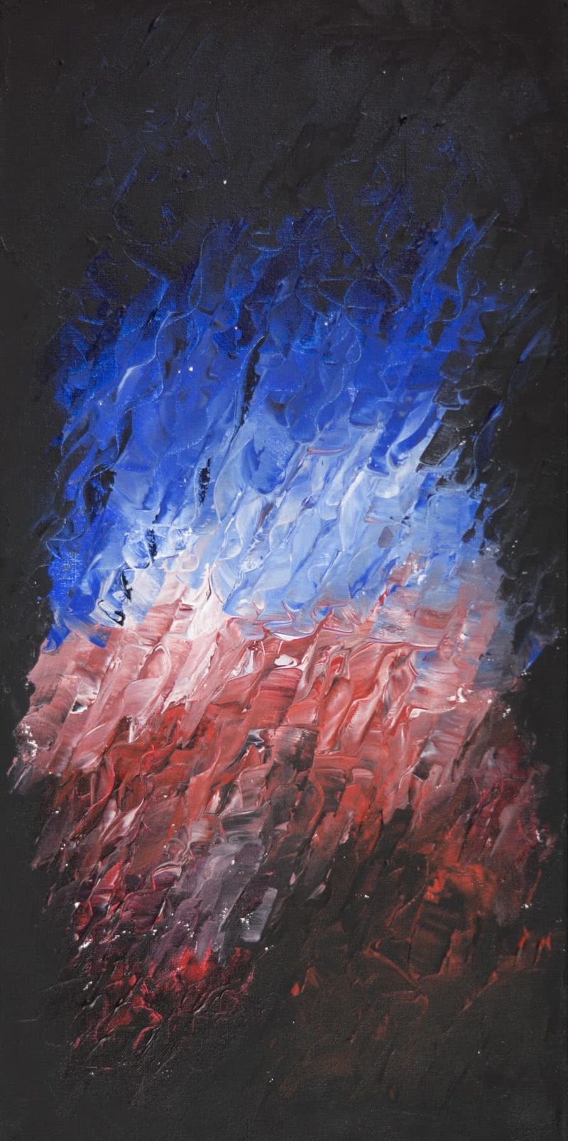 Abstract painting on a tall, narrow canvas, thick palette-knife strokes on a dark ground: cobalt blue fading through pale pink into deep red.