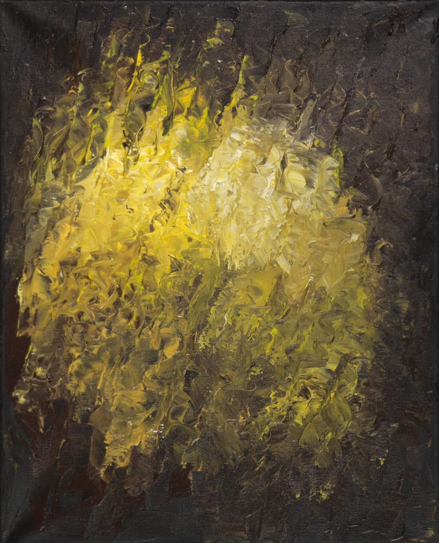 Abstract painting, thick palette-knife strokes on a dark ground: a glowing mass of golden yellow.