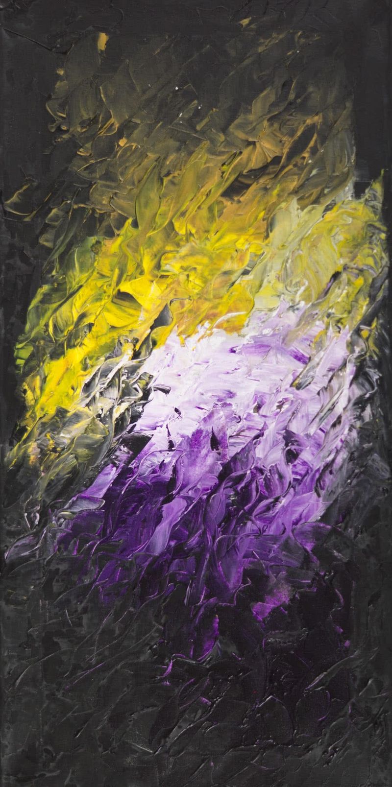 Abstract painting on a tall, narrow canvas, thick palette-knife strokes on a dark ground: golden yellow above white and violet.