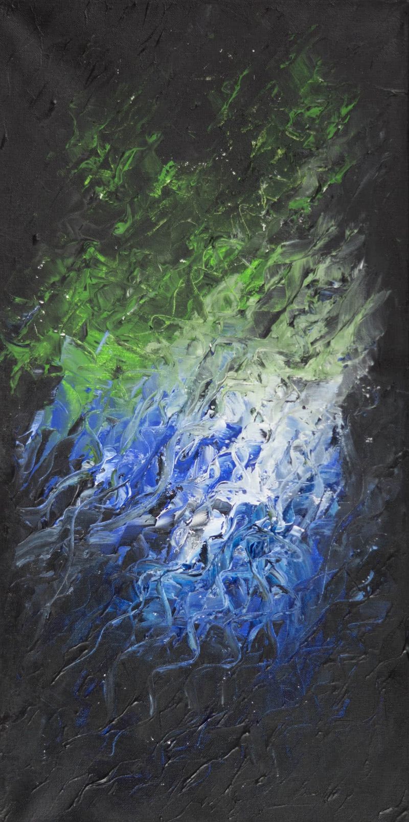 Abstract painting on a tall, narrow canvas, thick palette-knife strokes on a dark ground: lime green over pale gray and cobalt blue.