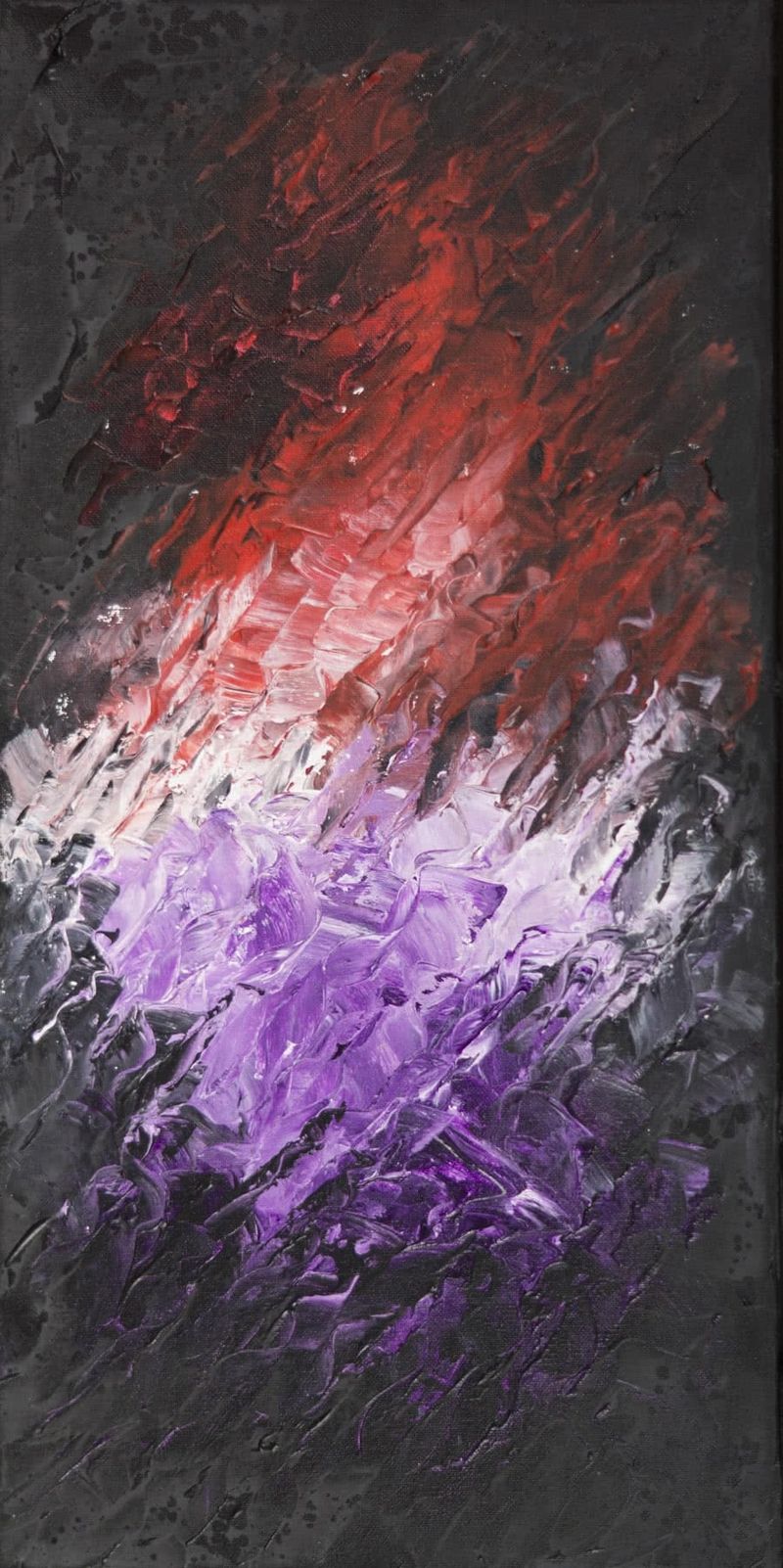 Abstract painting on a tall, narrow canvas, thick palette-knife strokes on a dark ground: red and coral above white, sinking into lavender and violet.