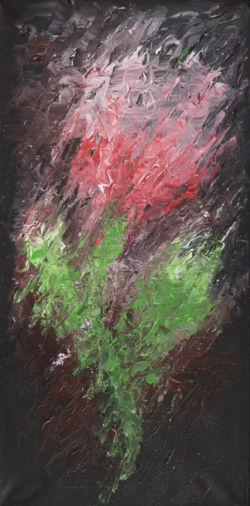 Abstract painting on a tall, narrow canvas, thick palette-knife strokes on a dark ground: a red bloom above sweeping green strokes.