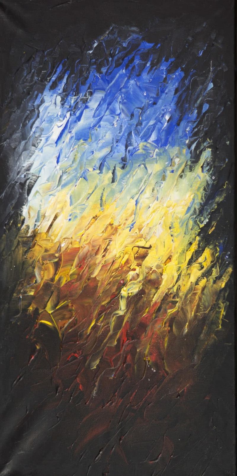 Abstract painting on a tall, narrow canvas, thick palette-knife strokes on a dark ground: sky blue fading through golden yellow into deep amber.