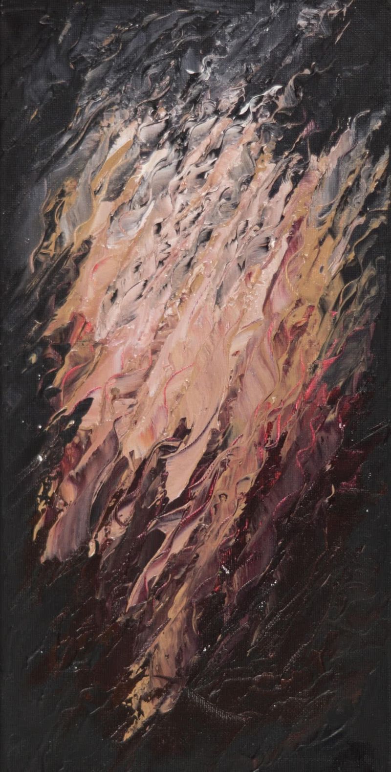Abstract painting on a tall, narrow canvas, thick palette-knife strokes on a dark ground: streaks of peach and pale pink fading to maroon.