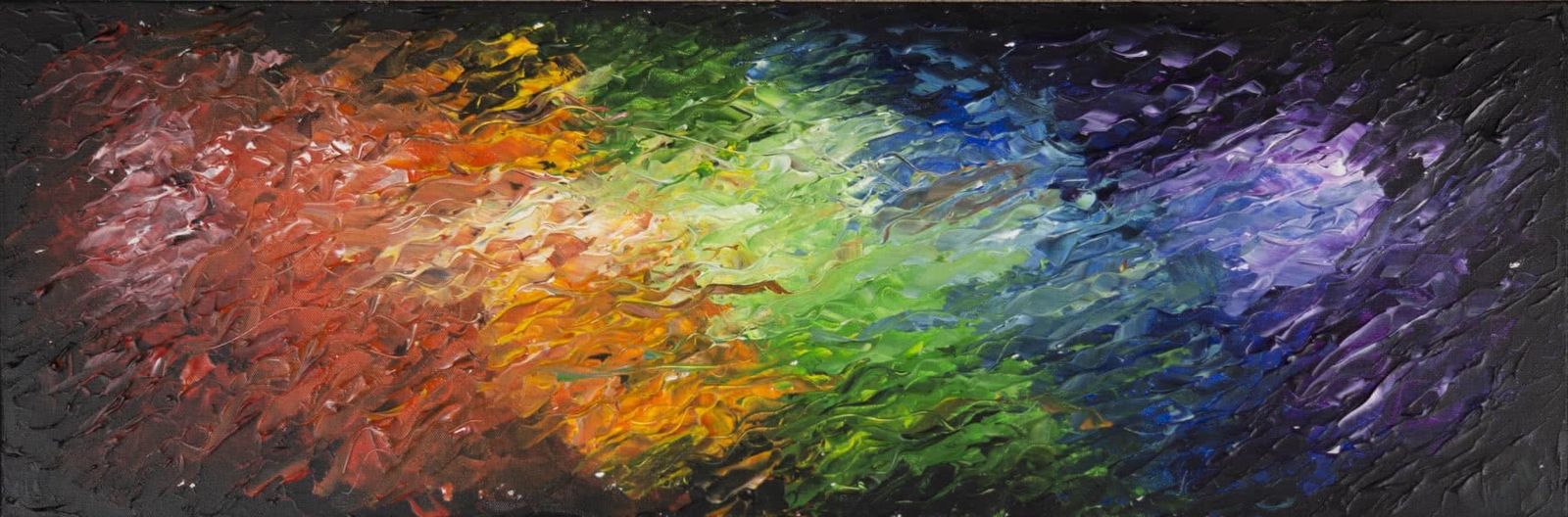 Abstract painting on a long, wide canvas, thick palette-knife strokes on a dark ground: a full spectrum sweeping from red and orange through yellow, green, and blue to violet.