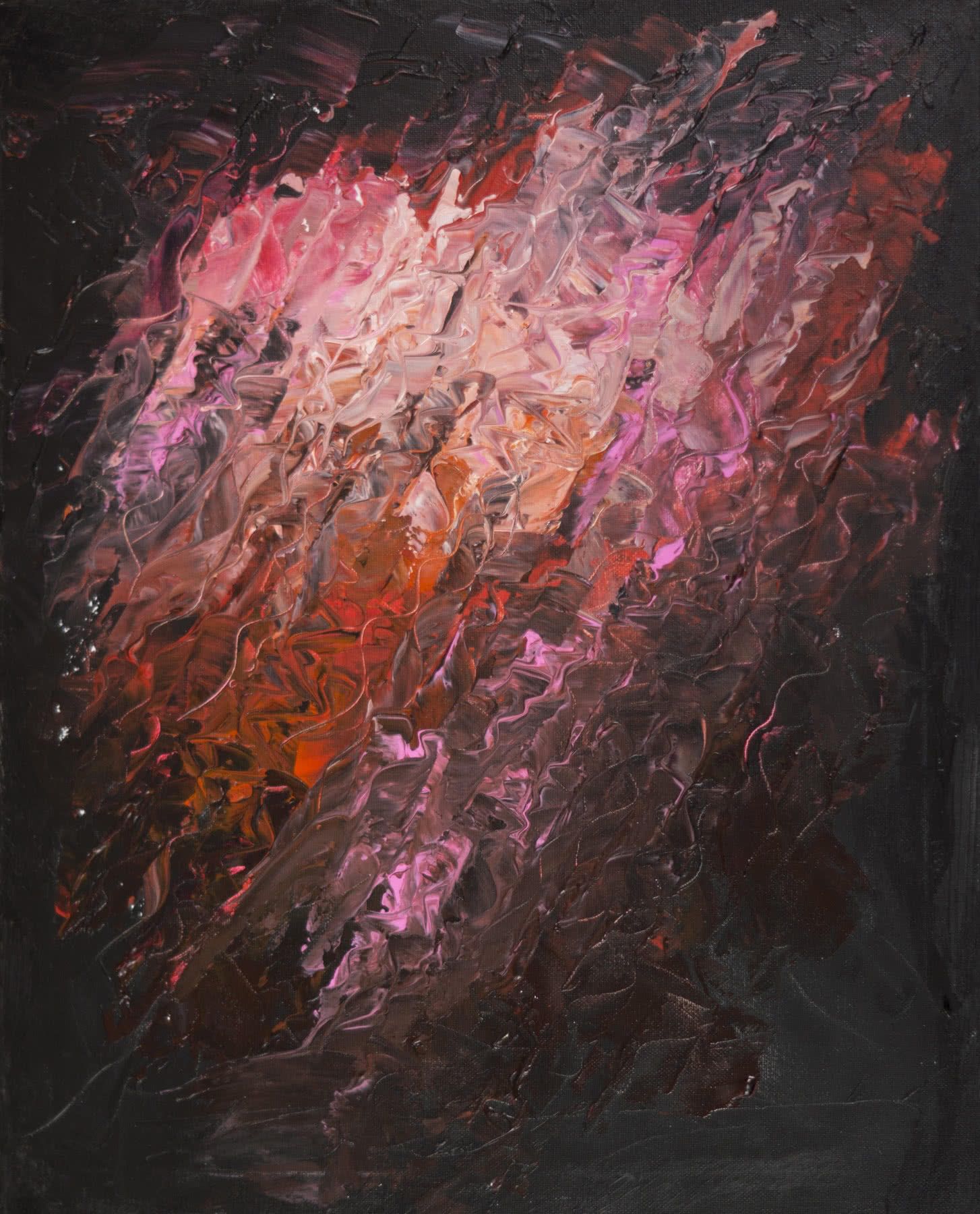 Abstract painting, thick palette-knife strokes on a dark ground: a diagonal band of pink and coral fading into red.
