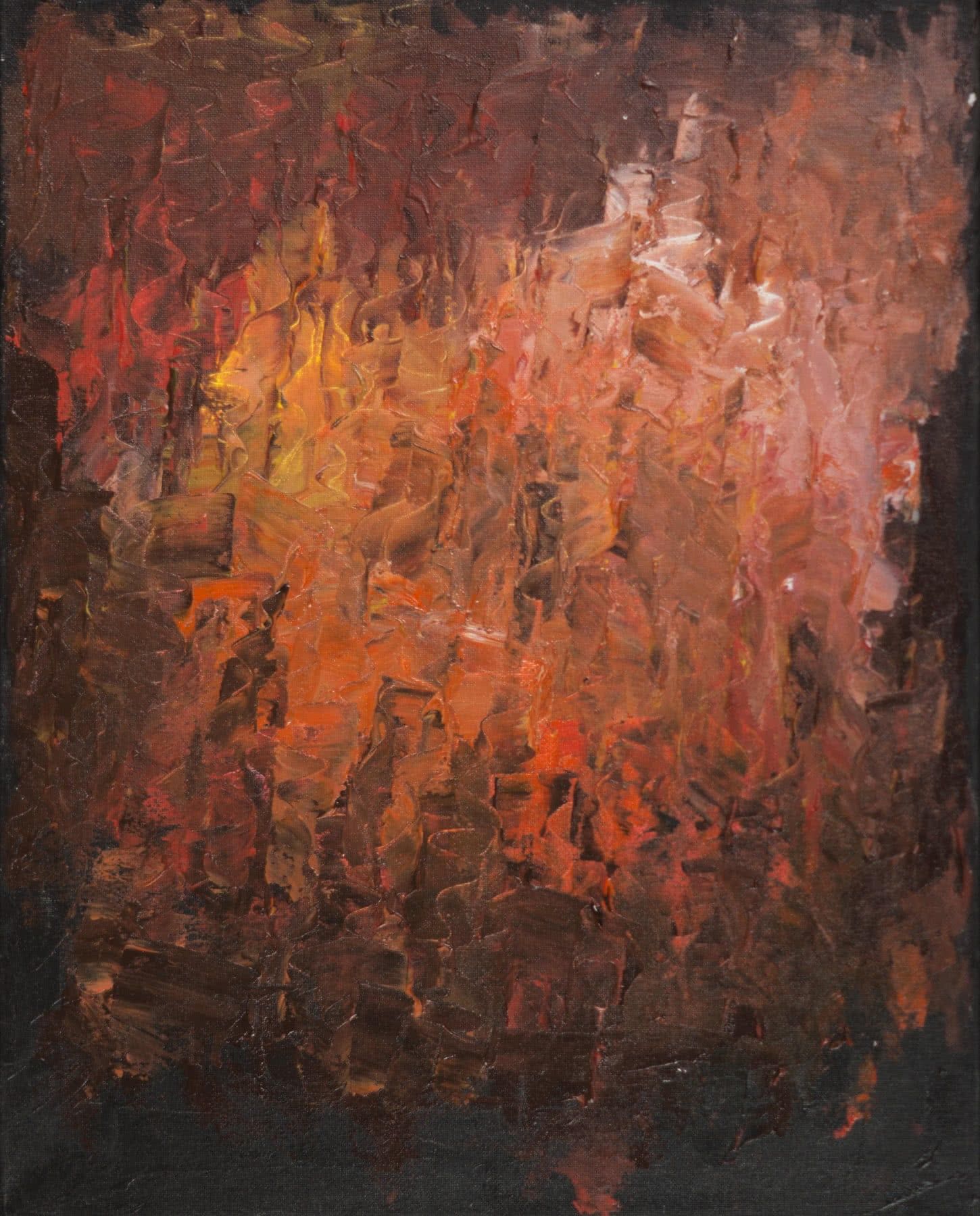 Abstract painting, thick palette-knife strokes on a dark ground: burnt orange and red, like embers.
