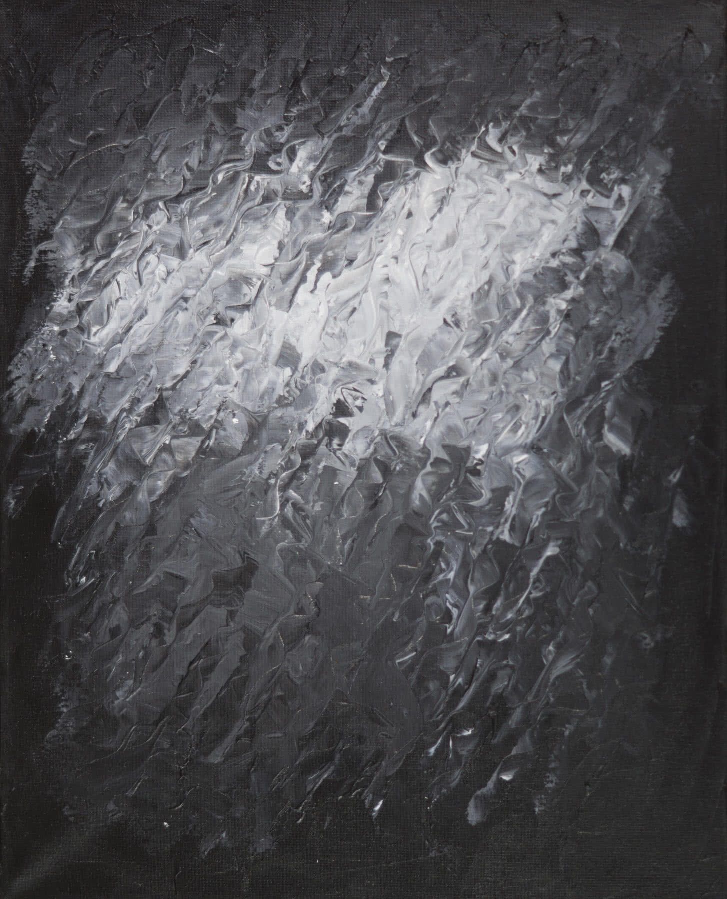 Abstract painting, thick palette-knife strokes on a dark ground: a drift of white and pale gray.