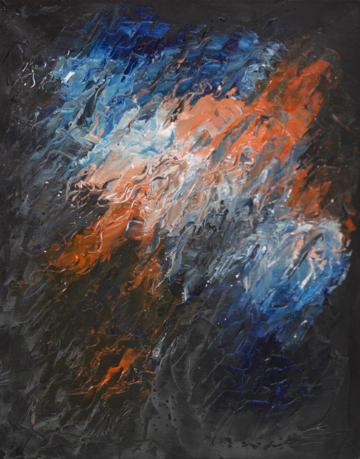 Abstract painting, thick palette-knife strokes on a dark ground: interlocking strokes of sky blue and orange.