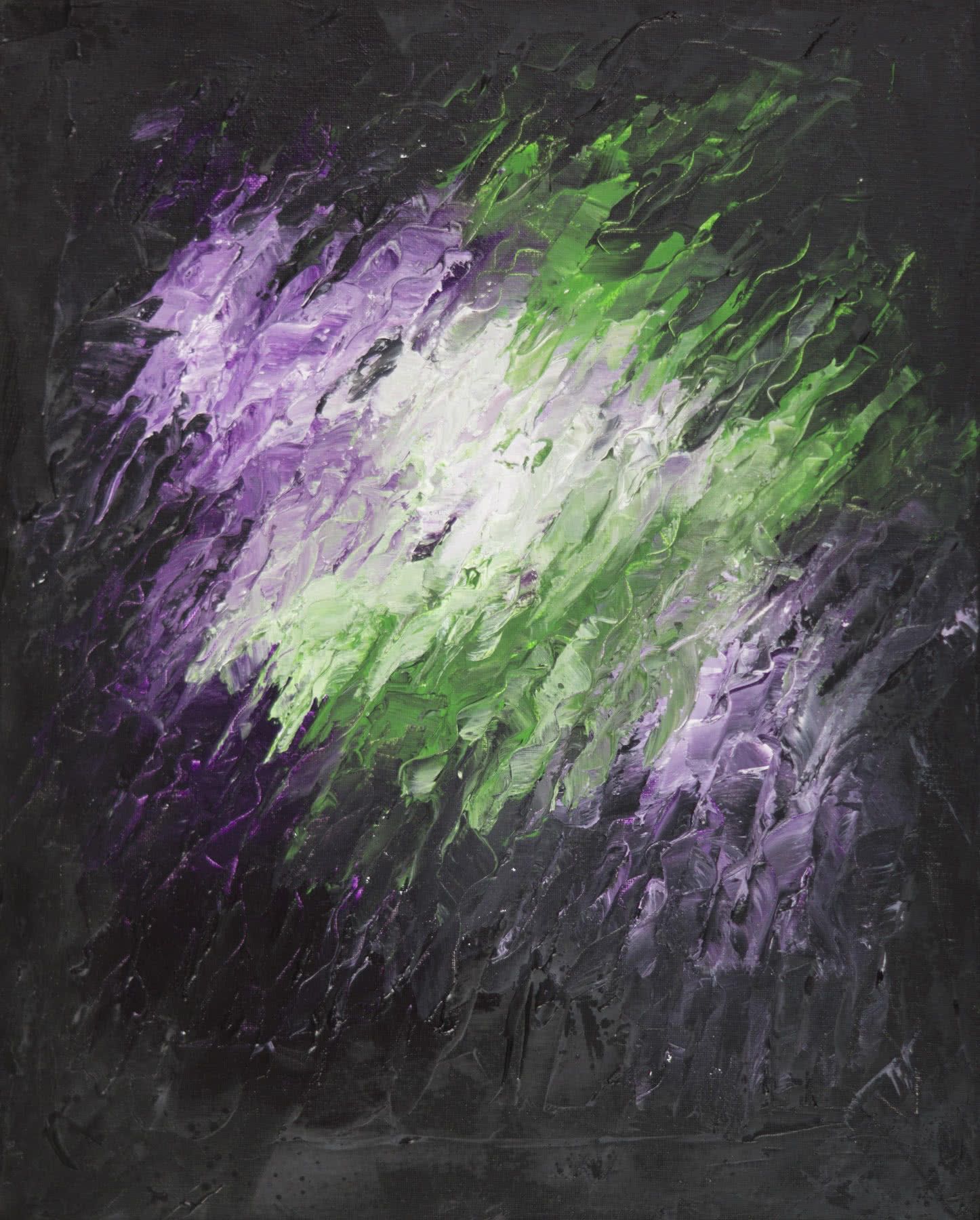 Abstract painting, thick palette-knife strokes on a dark ground: violet and bright green crossing a pale center.
