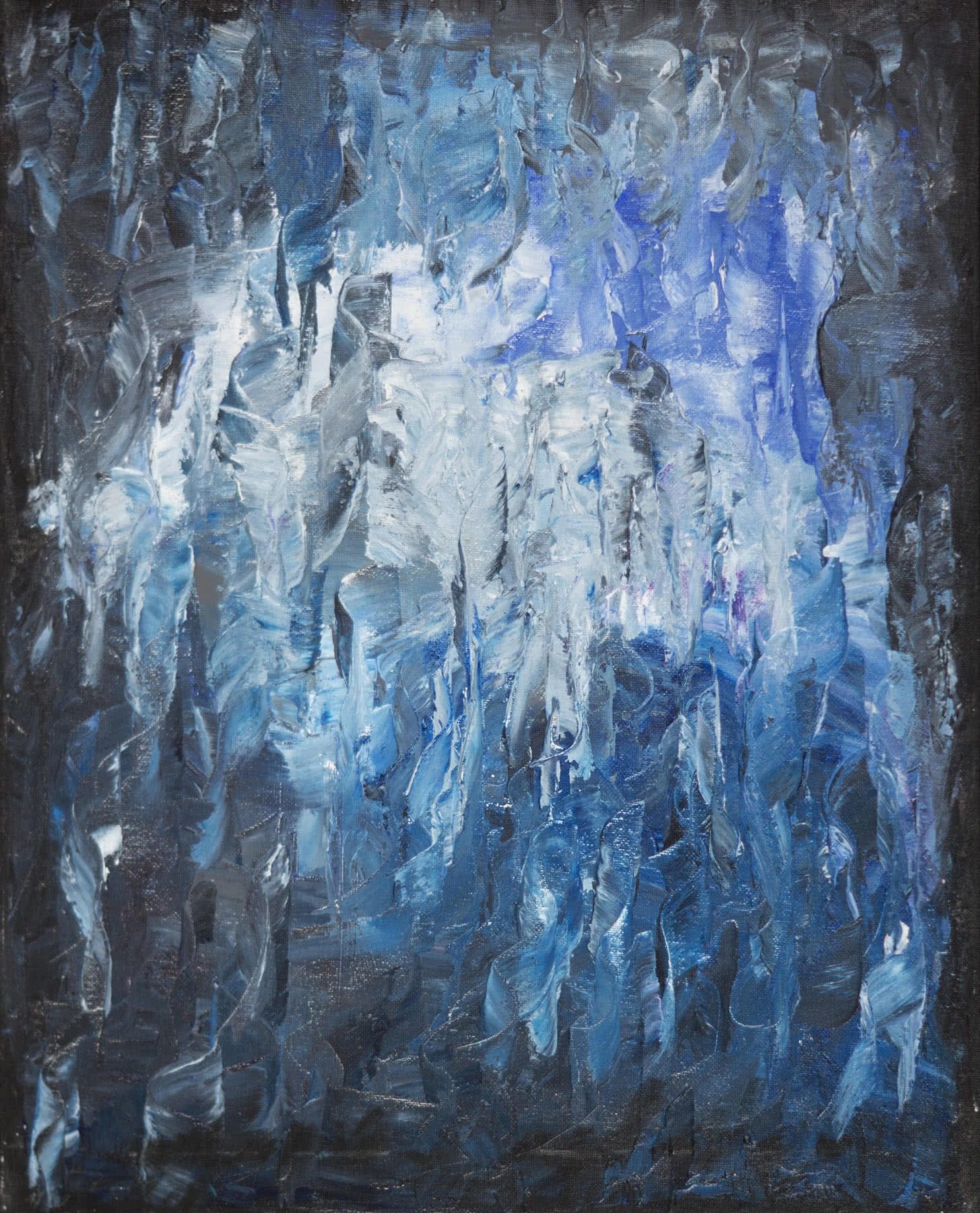 Abstract painting, thick palette-knife strokes on a dark ground: cascading blues and white, like falling water.