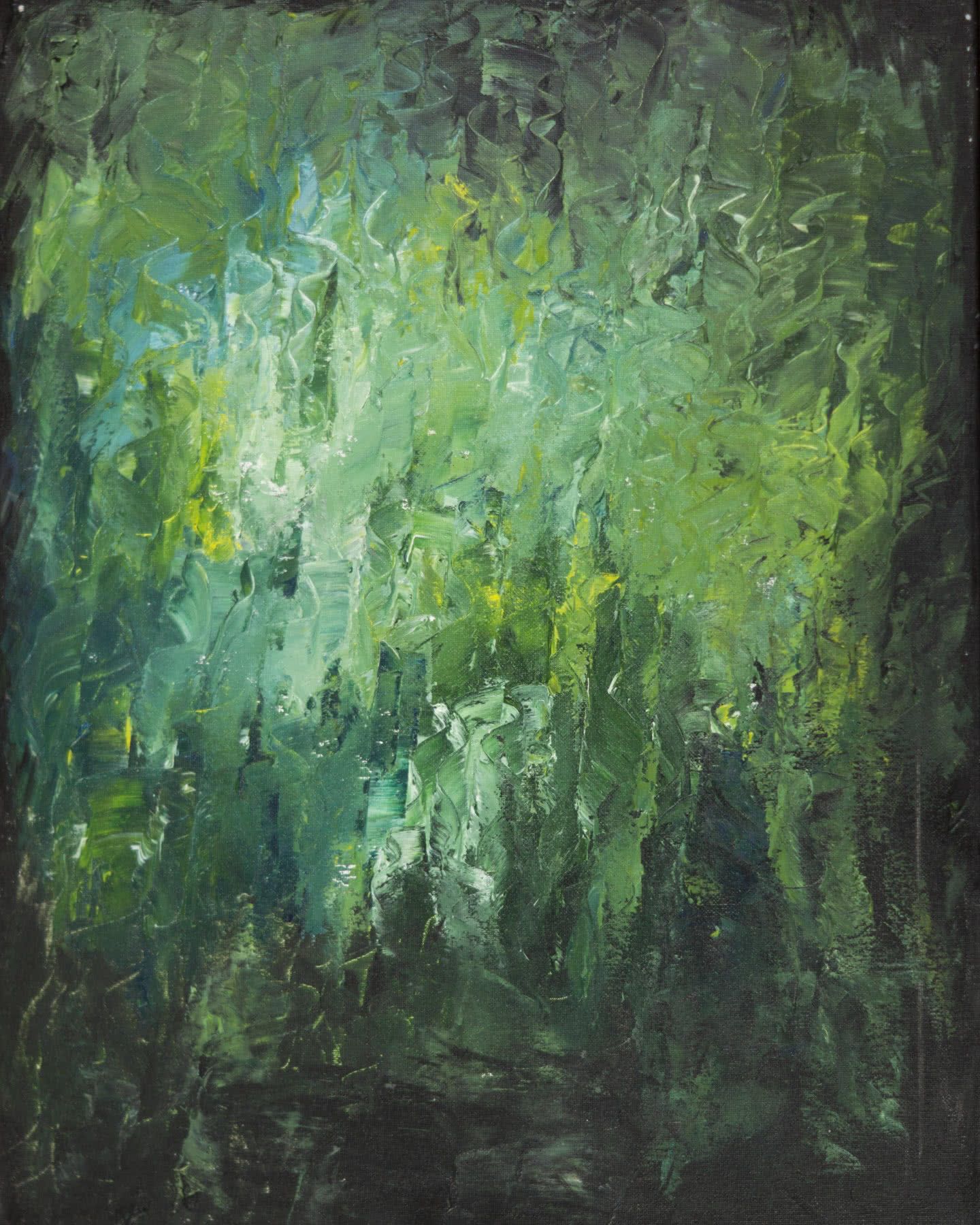 Abstract painting, thick palette-knife strokes on a dark ground: a curtain of greens, from pale lime to deep forest.